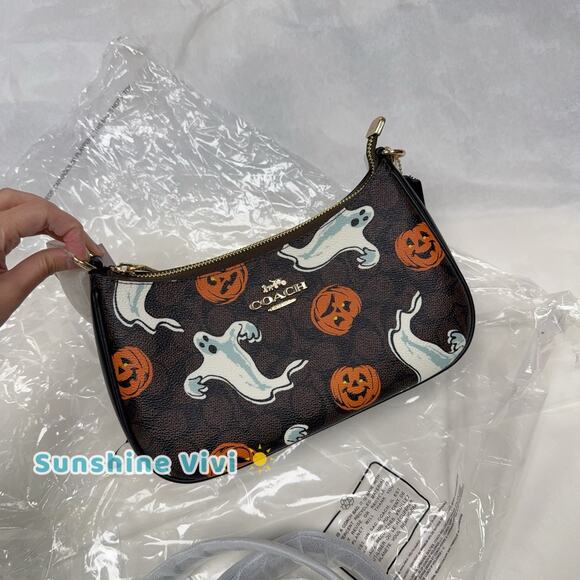 NWT Coach Teri Shoulder Bag In Signature Canvas Pumpkin Halloween 🎃Print CCE71 - Picture 4 of 16